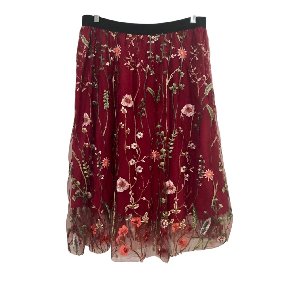 Midi Skirt with Burgundy Lining & Embroidered Tulle Overlay Size L Fairycore